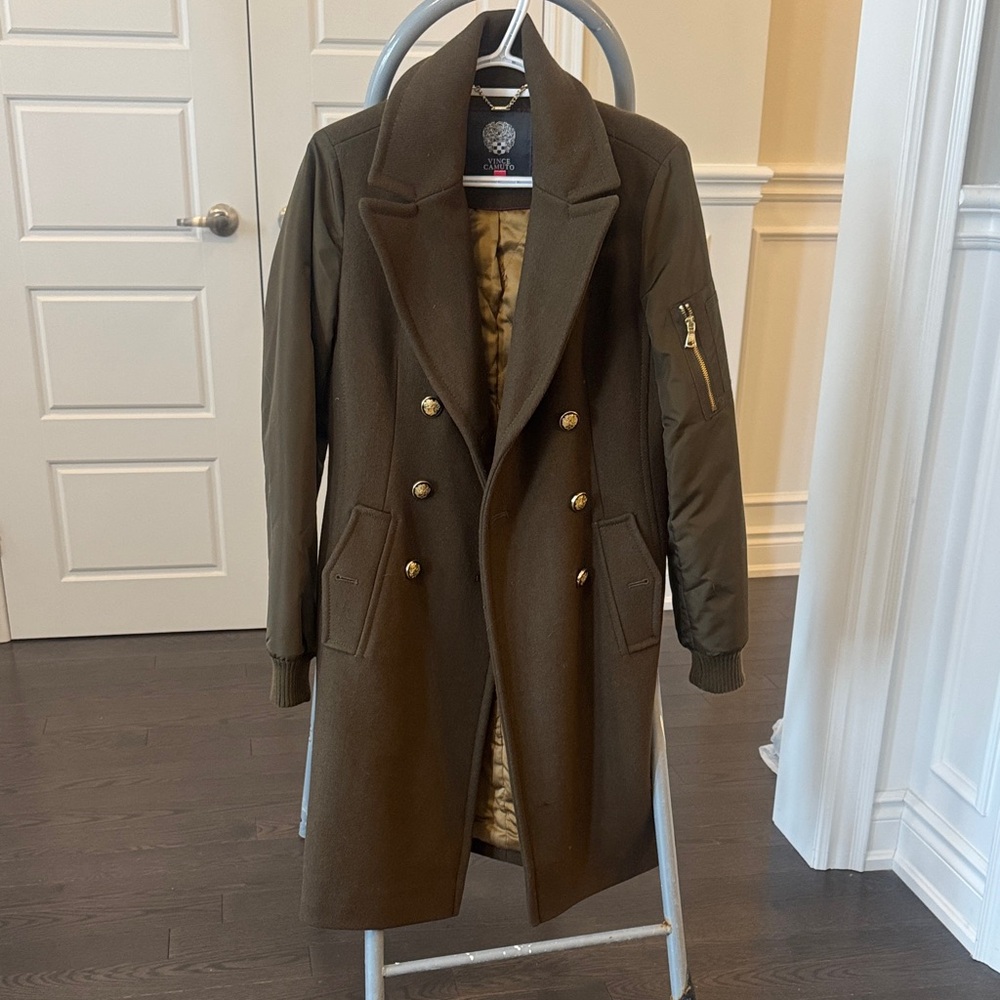 Vince Camuto Olive Green Double-Breasted Coat with Gold Buttons